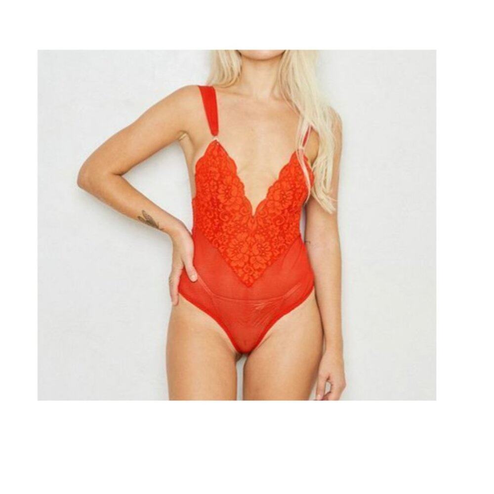 New ~ Hot as Hell We Are HAH Red Sheer Lace Bodysuit V- Plunge XS Baddie